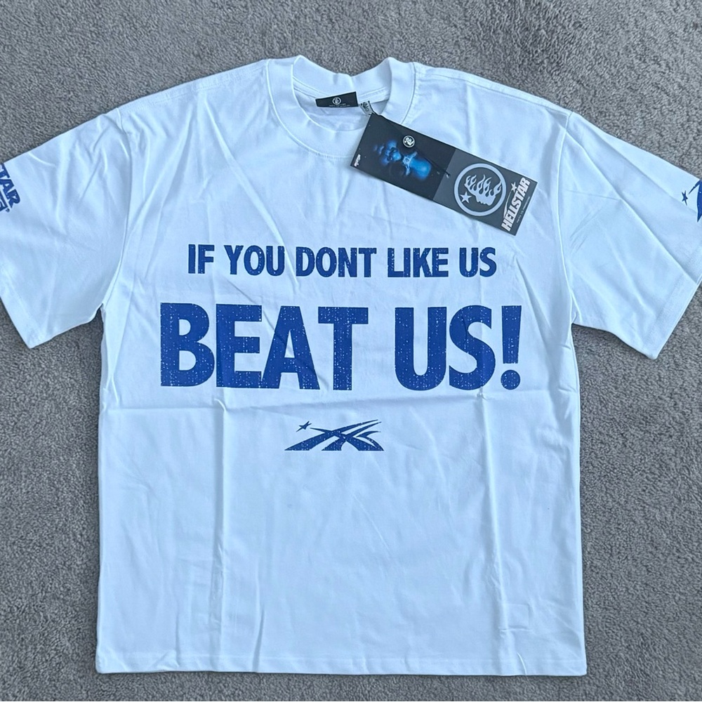 White Tee with Bold Blue Graphic